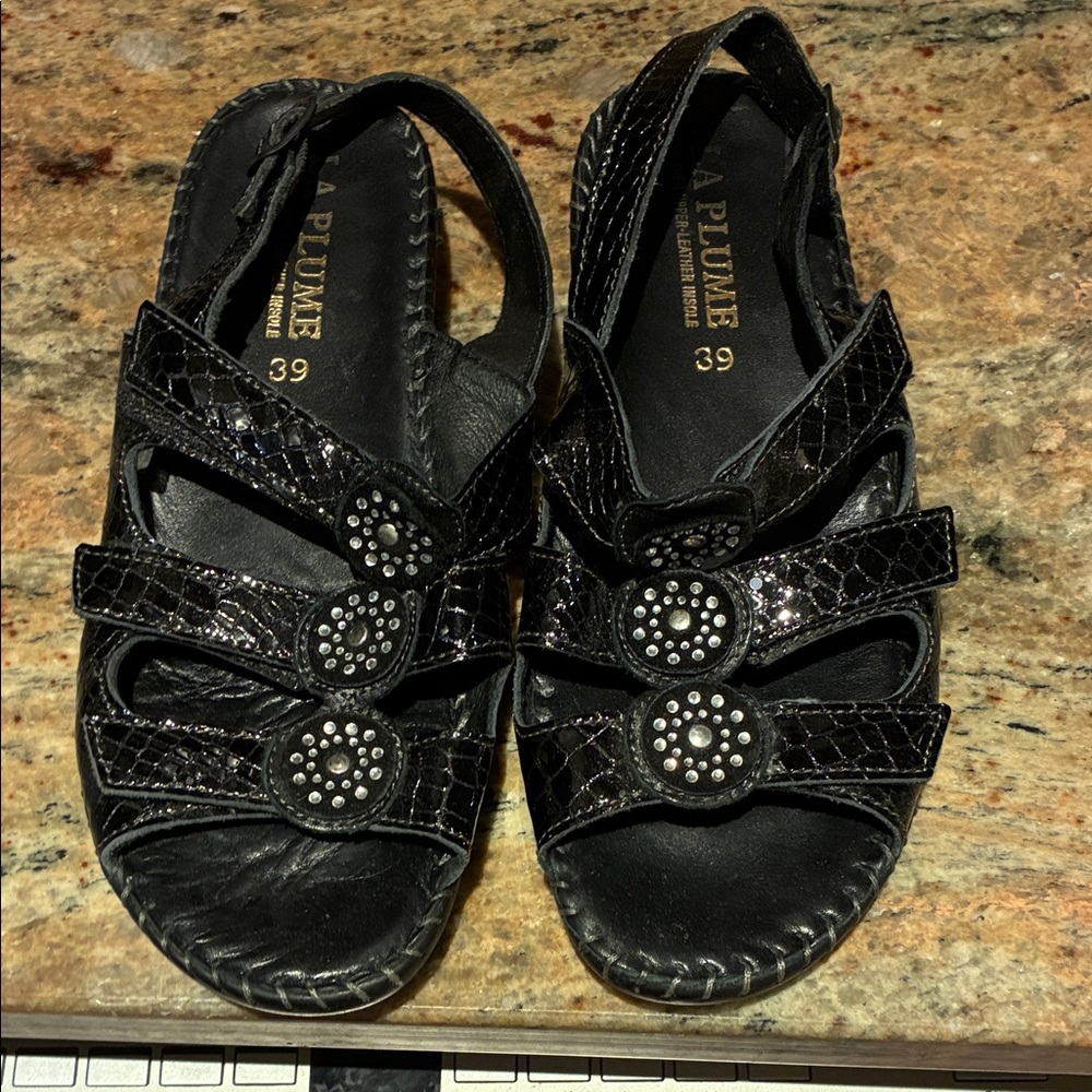 LA Plume Black Women's Leather Sandals with Embellished Straps